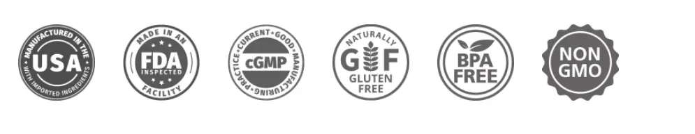 EndoPeak quality badges: USA made, FDA approved facility, cGMP, gluten-free, BPA-free, non-GMO